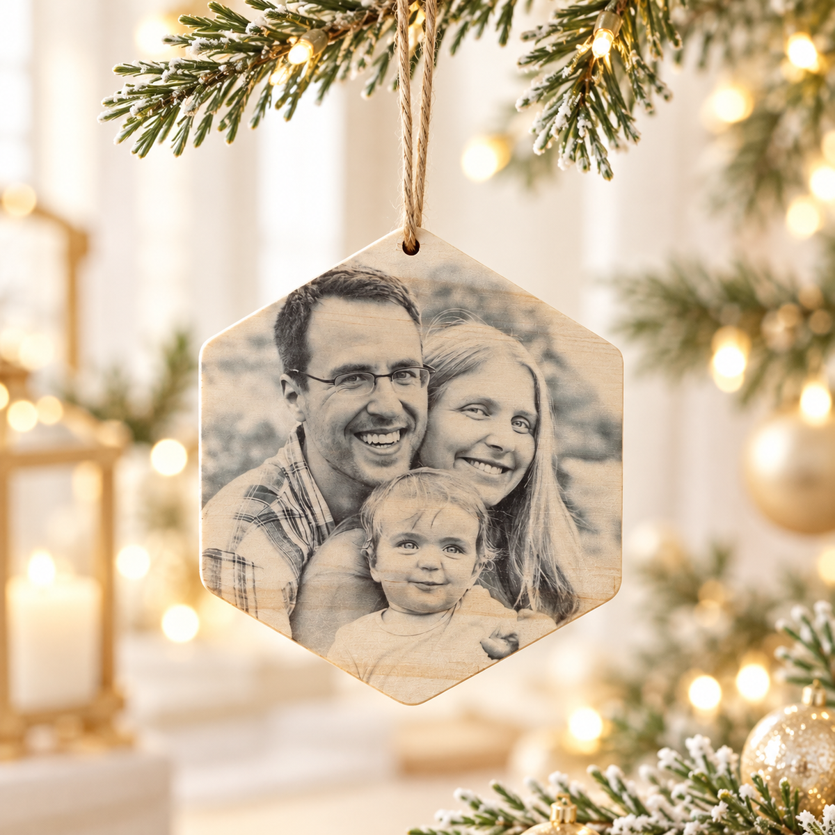 Personalized Hexagon Photo Ornament – Custom Wood Christmas Keepsake