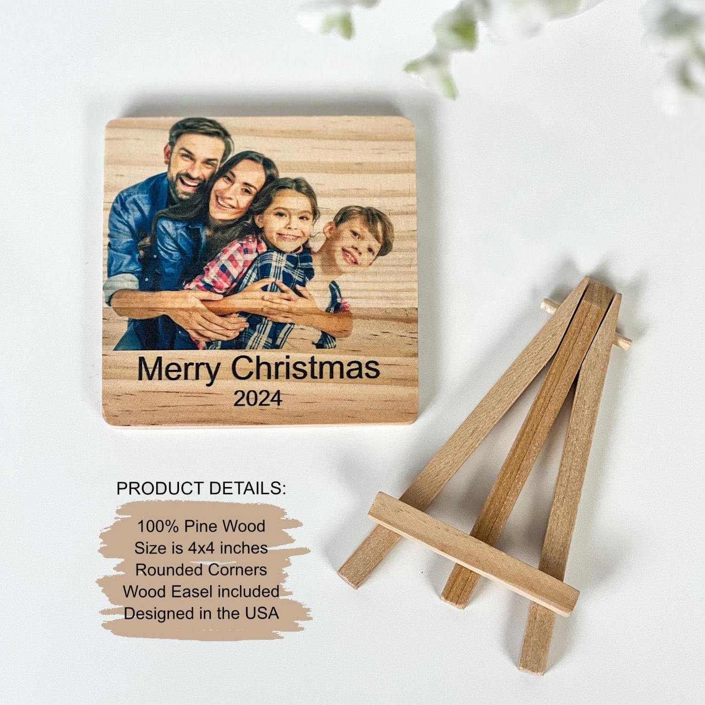 product details, custom photo on pine wood 4x4 inches with wood easel