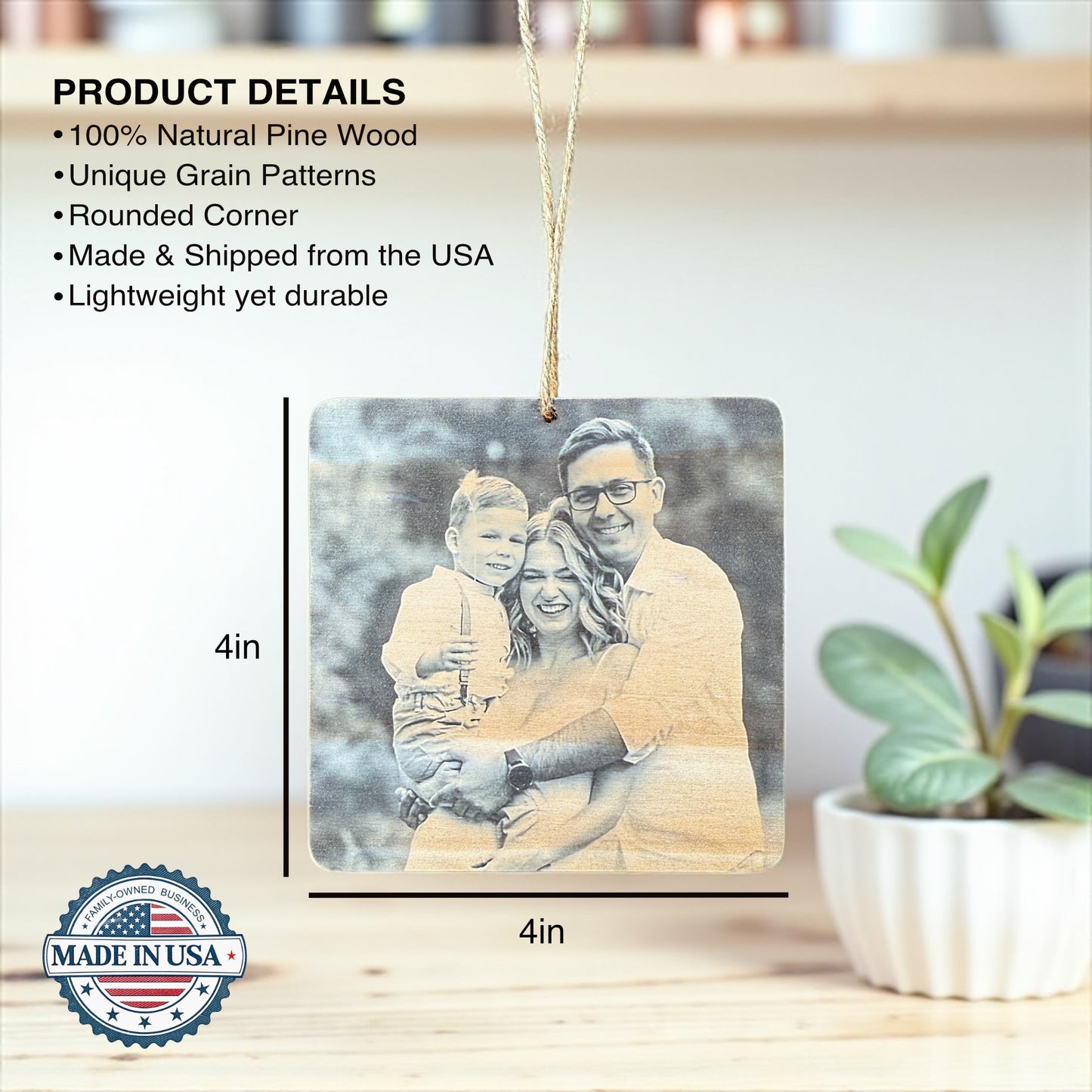 Custom Wood Photo Ornament – Square Personalized Keepsake (4x4")