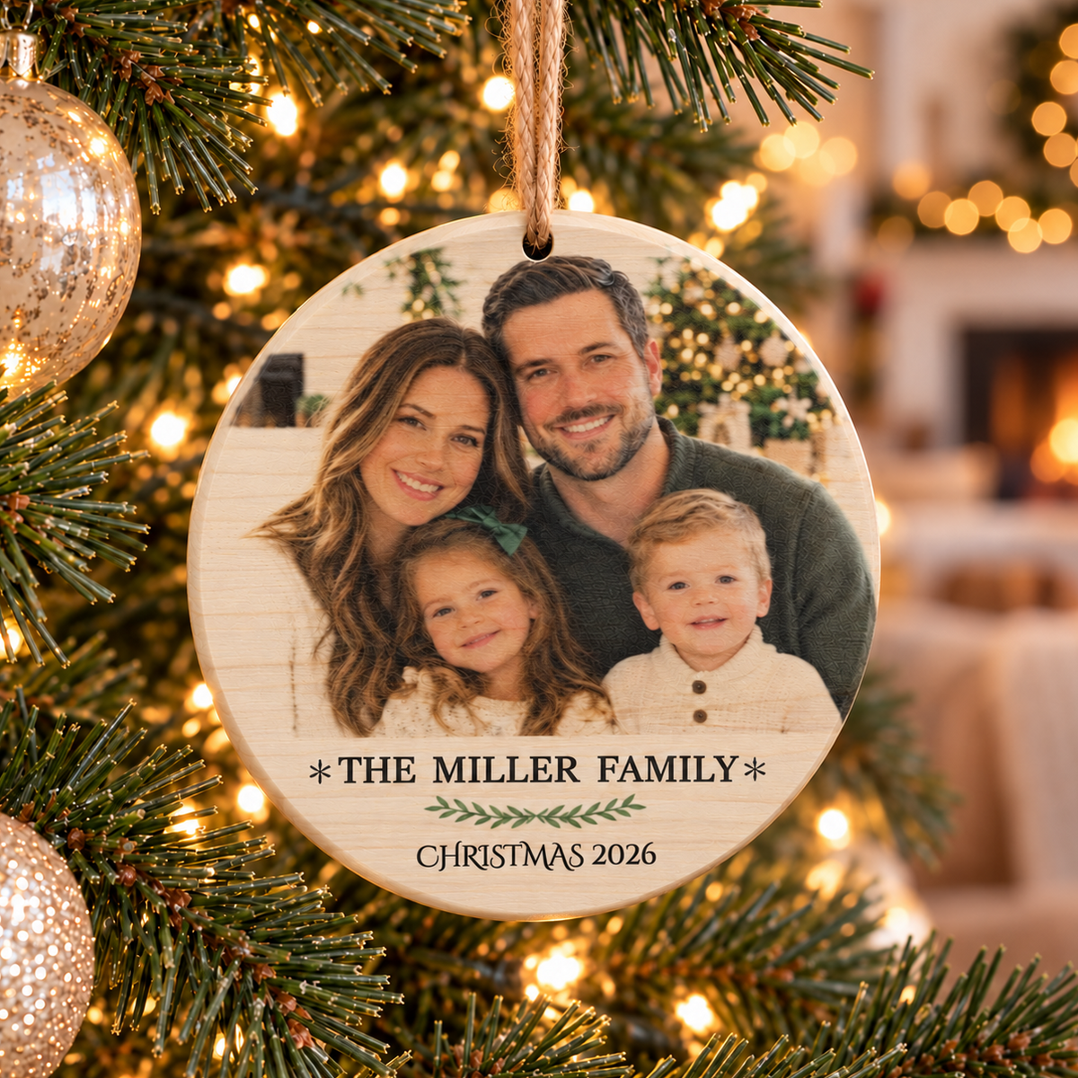 Family Photo Christmas Ornament – Personalized Round Wood