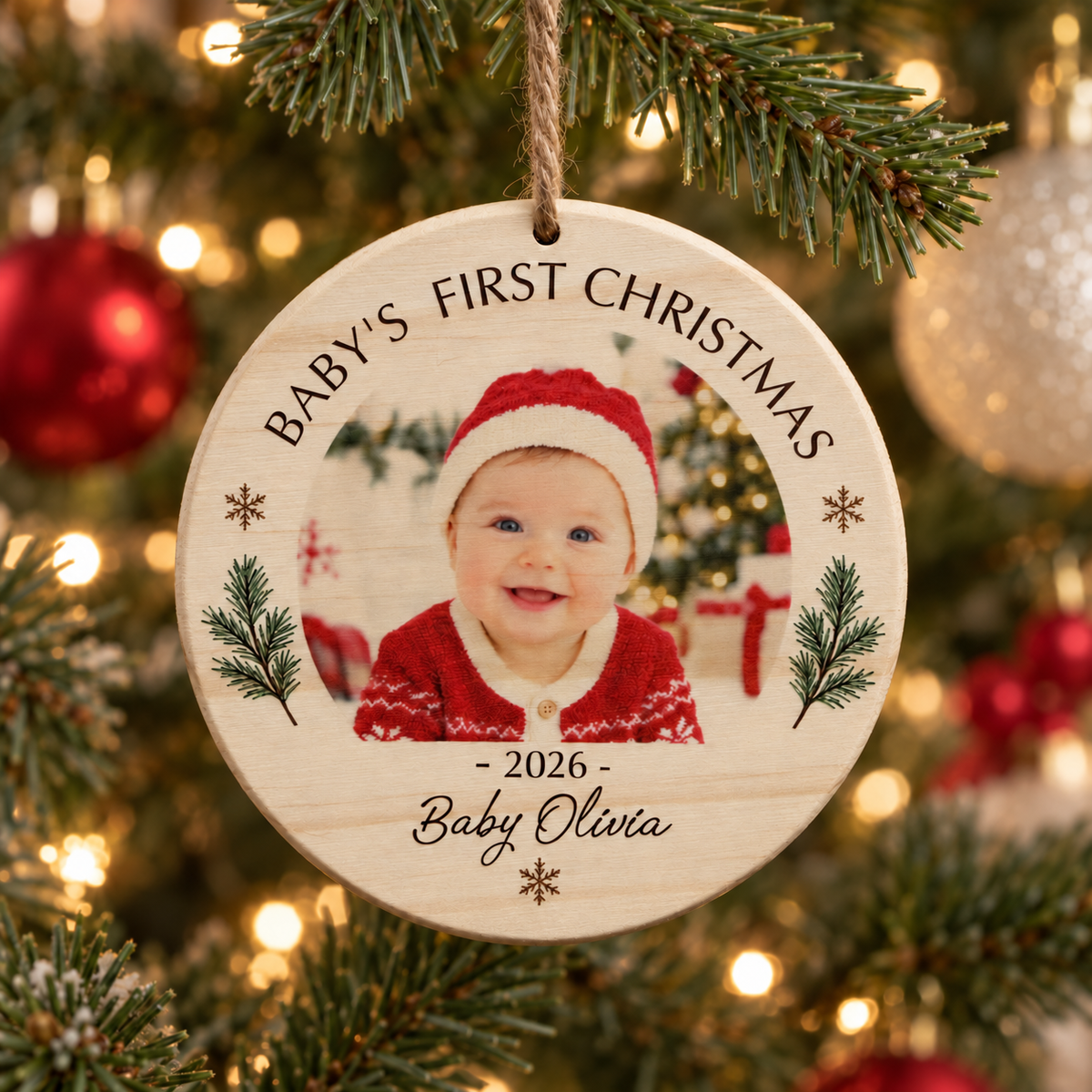 Baby’s First Christmas Ornament – Personalized Wood Photo Keepsake