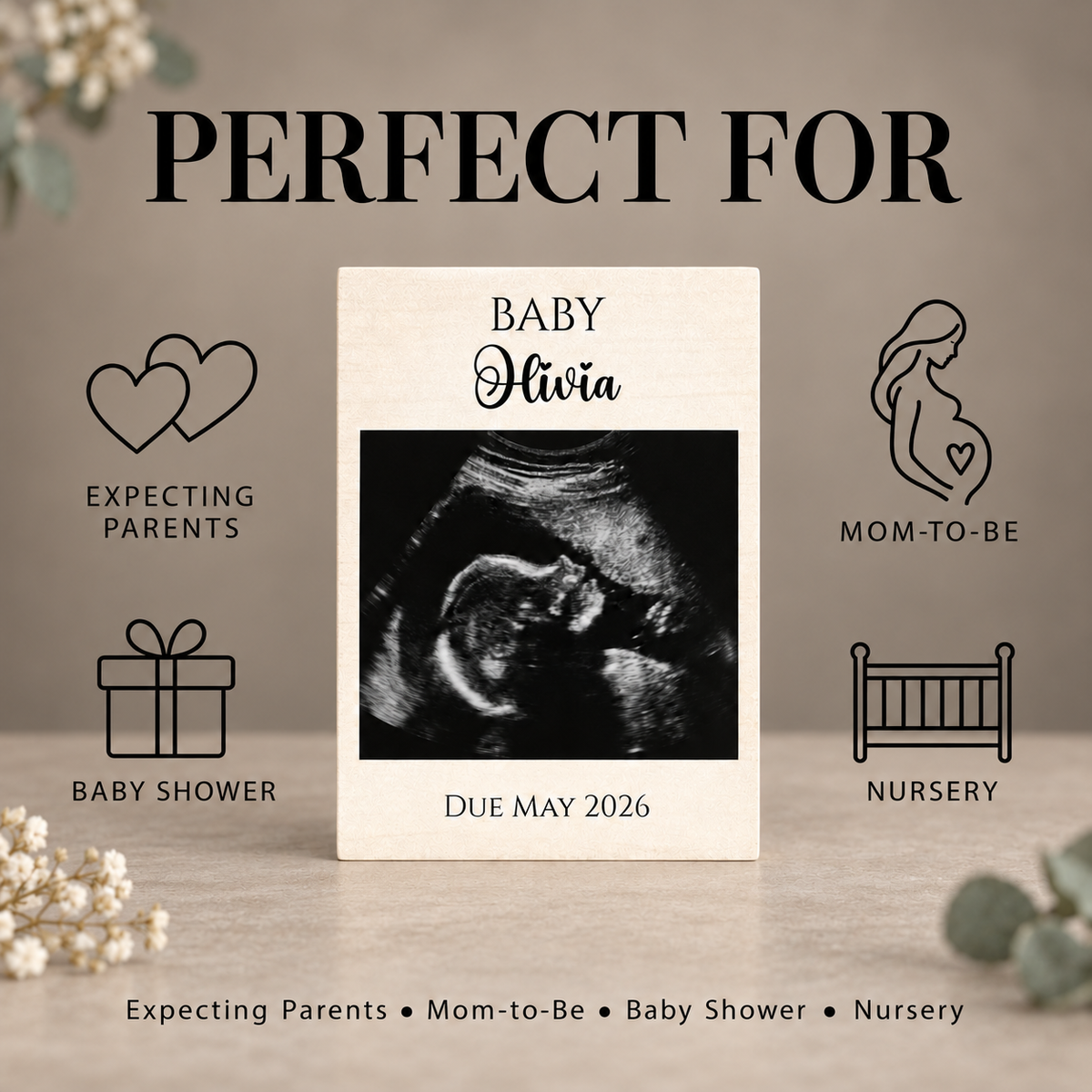 Personalized Ultrasound Wood Frame – Baby Name & Due Date Keepsake
