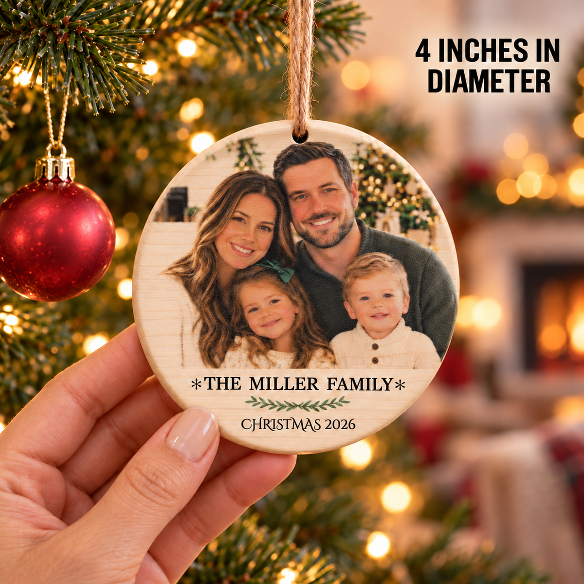 Family Photo Christmas Ornament – Personalized Round Wood