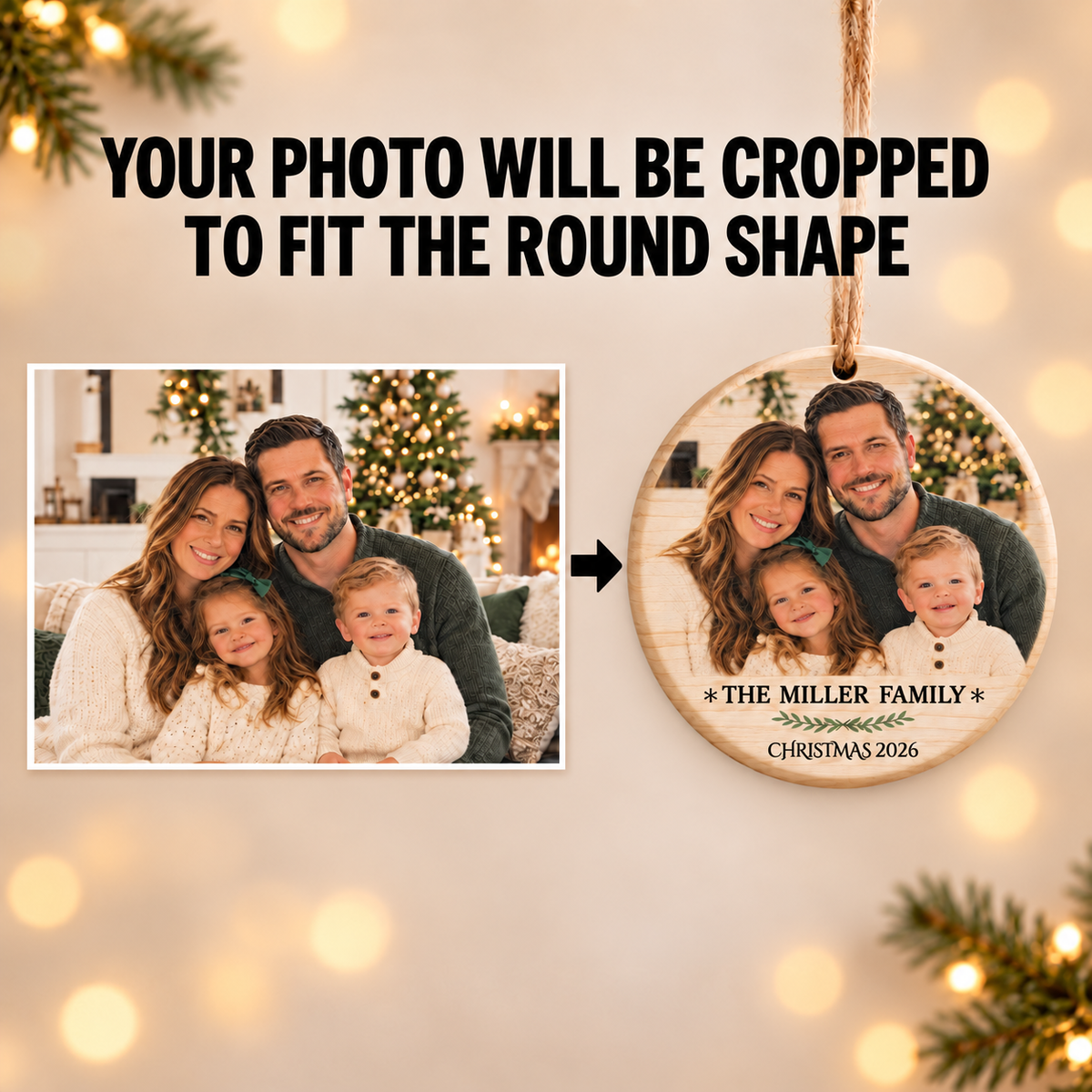 Family Photo Christmas Ornament – Personalized Round Wood