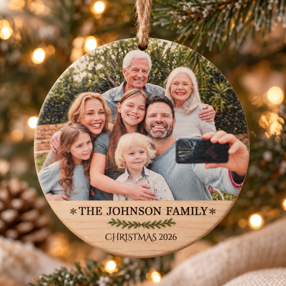 Family Photo Christmas Ornament – Personalized Round Wood