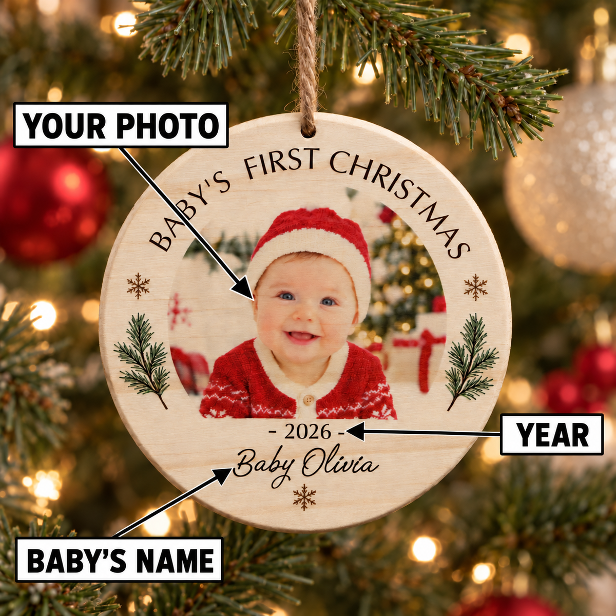Baby’s First Christmas Ornament – Personalized Wood Photo Keepsake