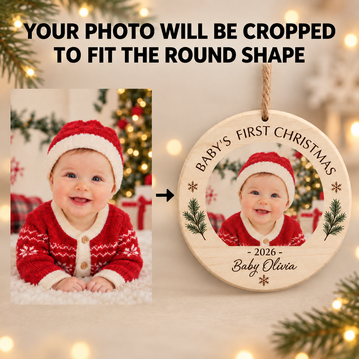 Baby’s First Christmas Ornament – Personalized Wood Photo Keepsake