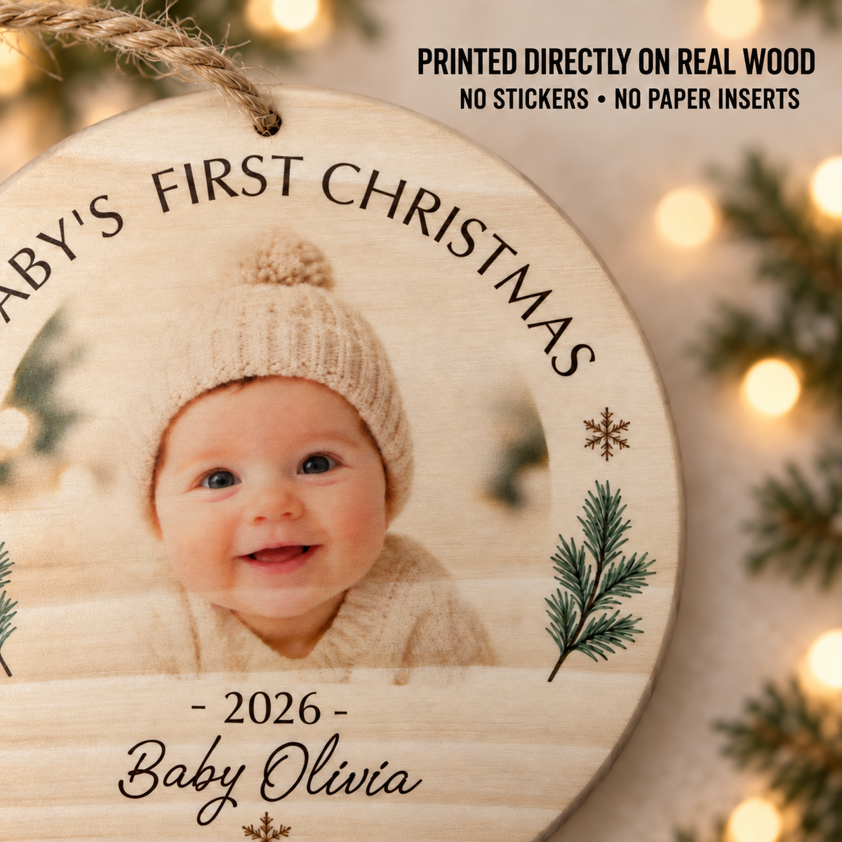 Baby’s First Christmas Ornament – Personalized Wood Photo Keepsake