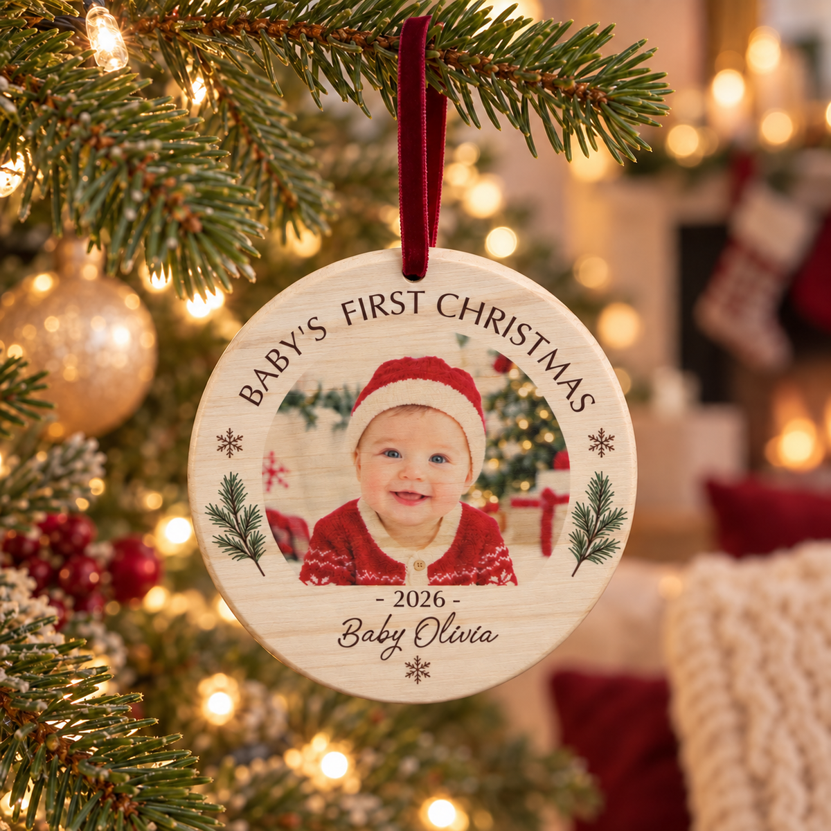 Baby’s First Christmas Ornament – Personalized Wood Photo Keepsake