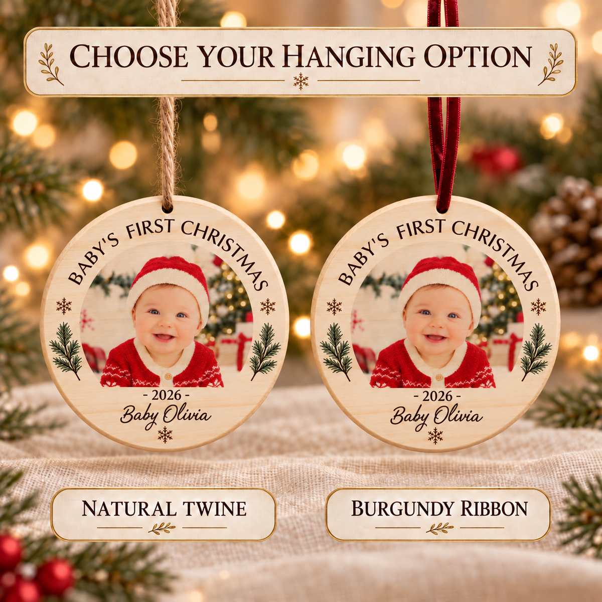 Baby’s First Christmas Ornament – Personalized Wood Photo Keepsake