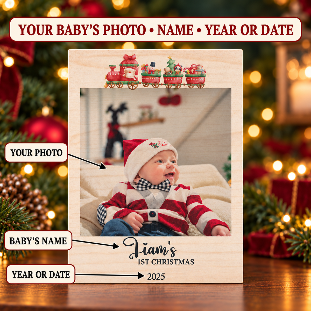 Baby’s First Christmas Picture Frame – Personalized Wood Photo Gift