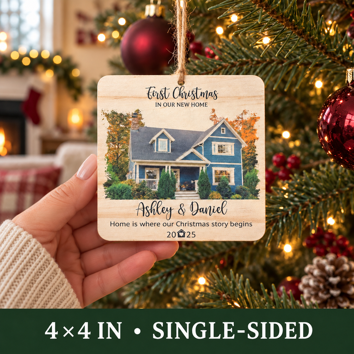 New Home Photo Christmas Ornament – Personalized Square Wood