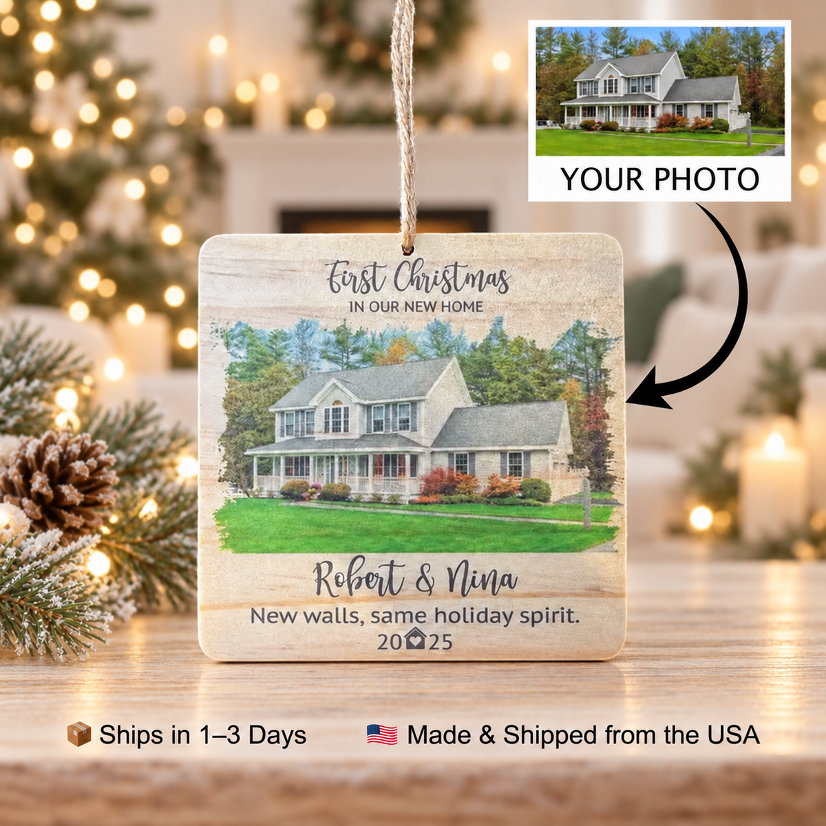 New Home Photo Christmas Ornament – Personalized Square Wood