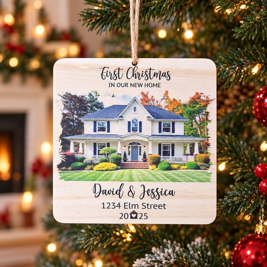 New Home Photo Christmas Ornament – Personalized Square Wood
