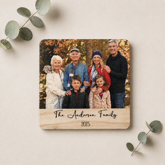 Personalized Square Wood Photo Magnet with Custom Text