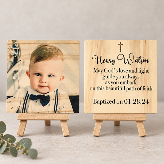 Godson Baptism Gift – Personalized 4×4 Wood Photo Plaque
