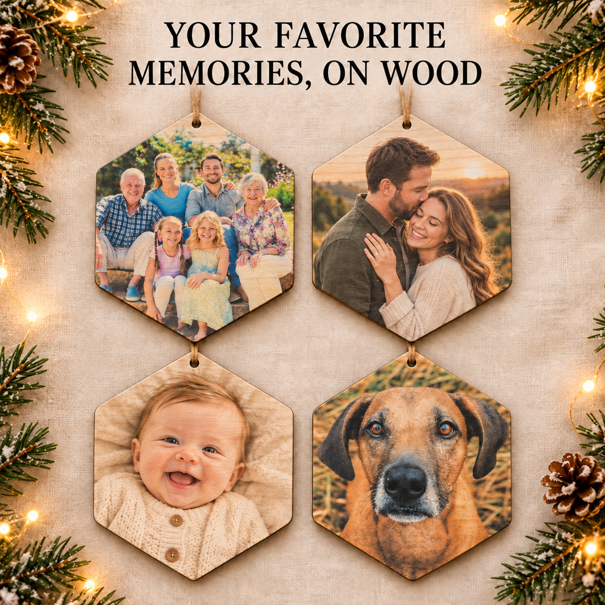 Personalized Hexagon Photo Ornament – Custom Wood Christmas Keepsake