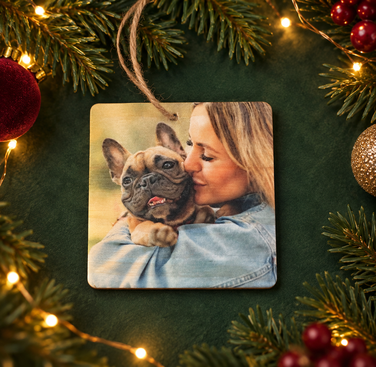 Personalized Square Wood Photo Ornament – Custom Christmas Keepsake