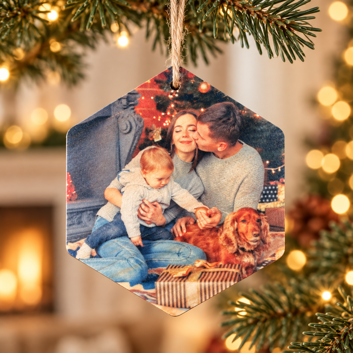 Personalized Hexagon Photo Ornament – Custom Wood Christmas Keepsake