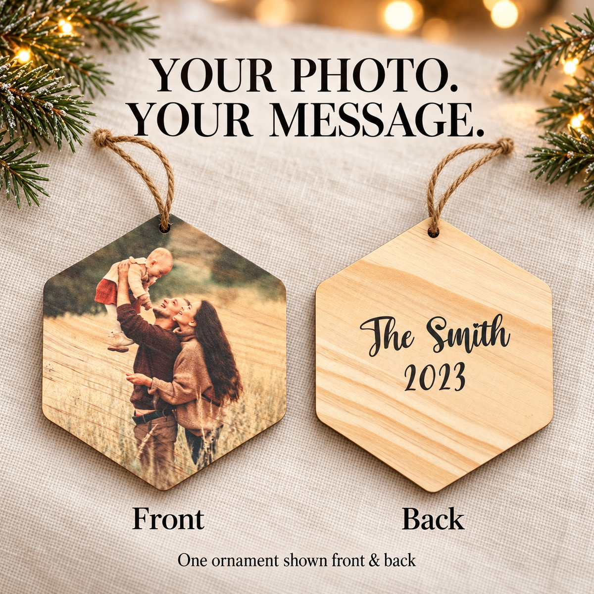 Personalized Hexagon Photo Ornament – Custom Wood Christmas Keepsake