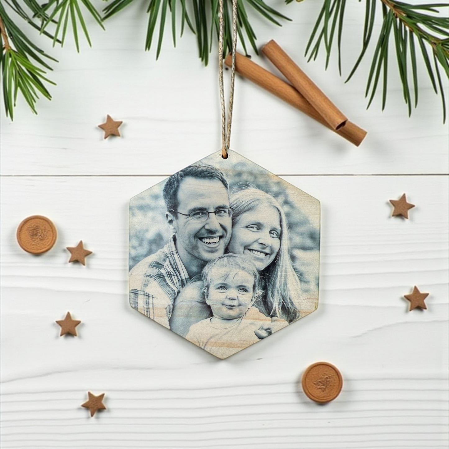 Custom Wood Hexagon Photo Ornament – Personalized Christmas Keepsake with Your Photo