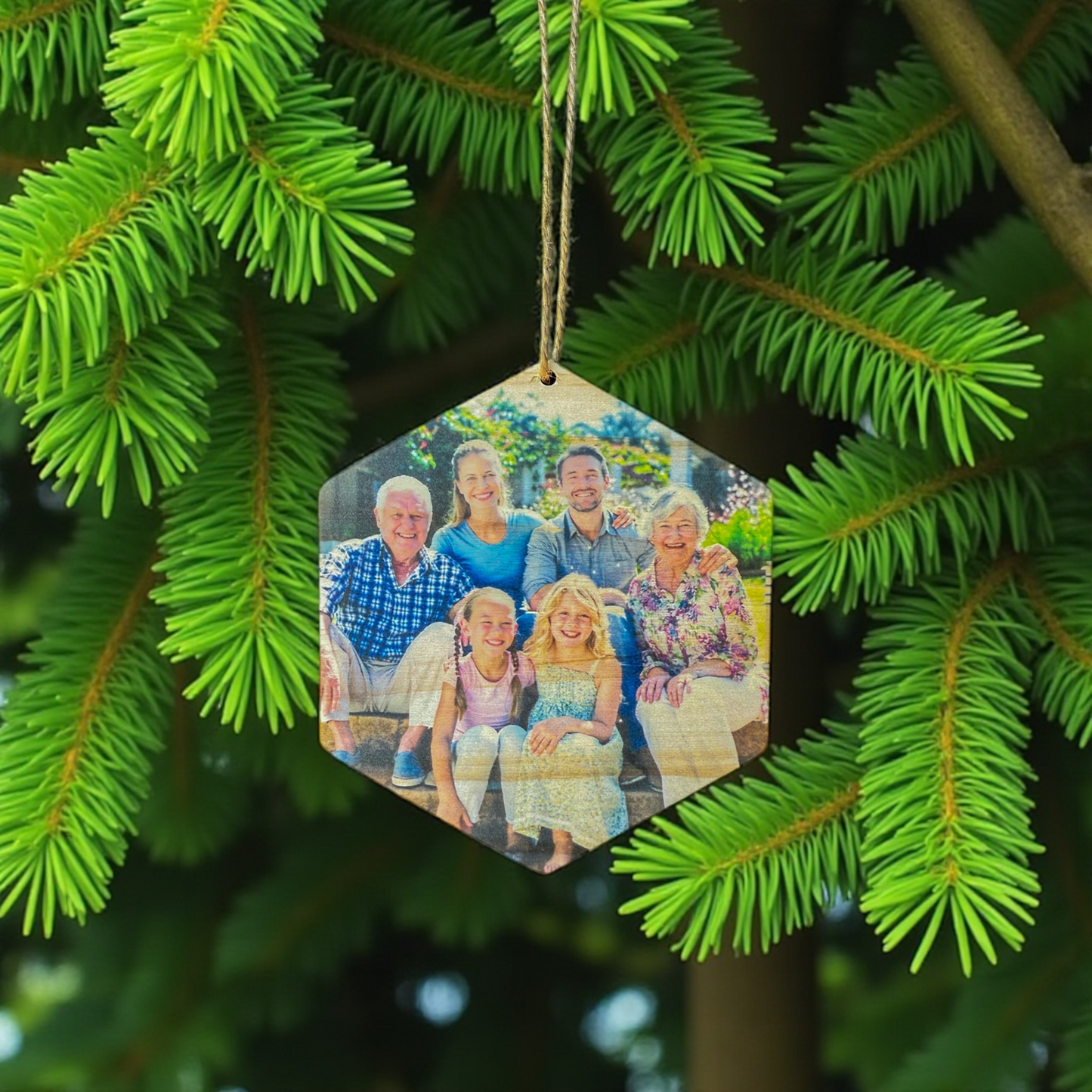 Custom Wood Hexagon Photo Ornament – Personalized Christmas Keepsake with Your Photo