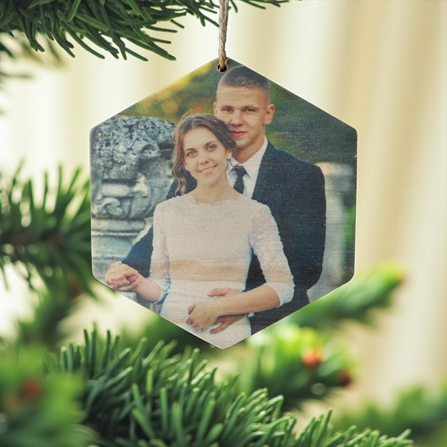 Custom Wood Hexagon Photo Ornament – Personalized Christmas Keepsake with Your Photo