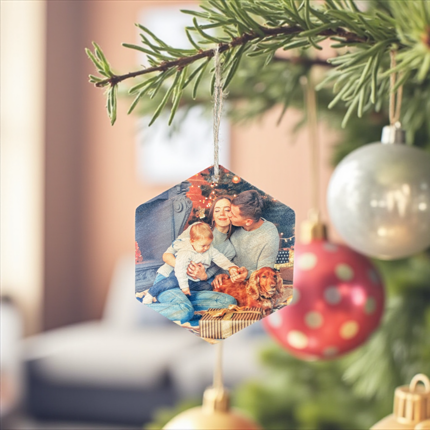 Custom Wood Hexagon Photo Ornament – Personalized Christmas Keepsake with Your Photo