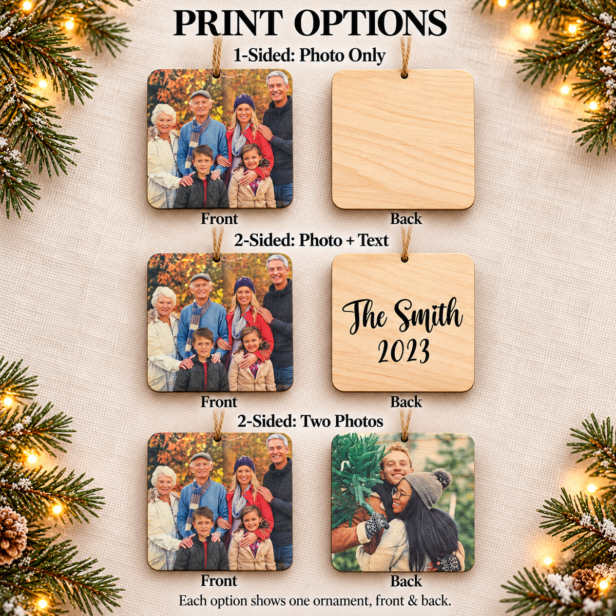 Personalized Square Wood Photo Ornament – Custom Christmas Keepsake