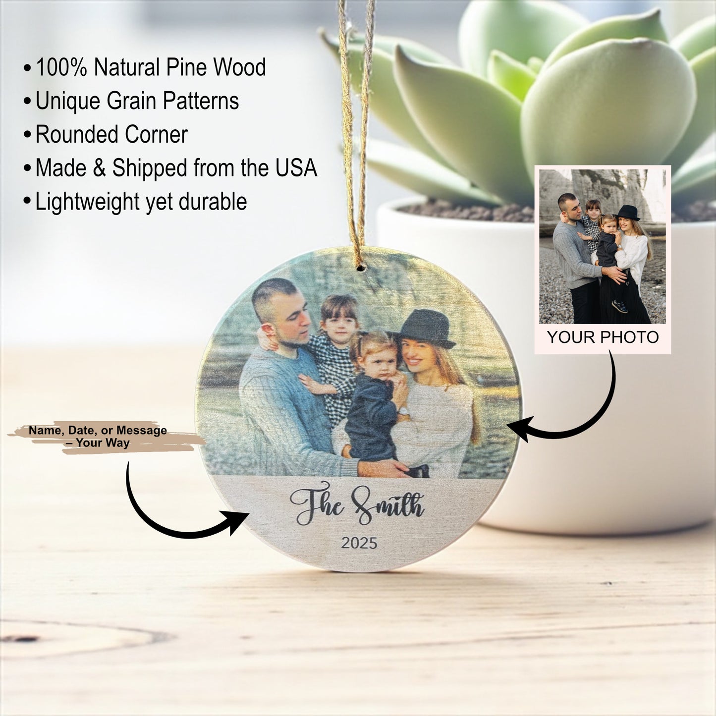 Personalized Family Photo Ornament – Custom Wooden Christmas Ornament 2025