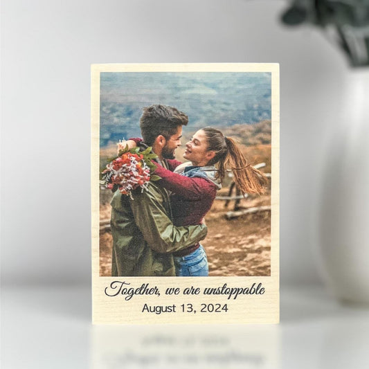 personalized wood photo frame with quote, couple portrait, anniversary gift